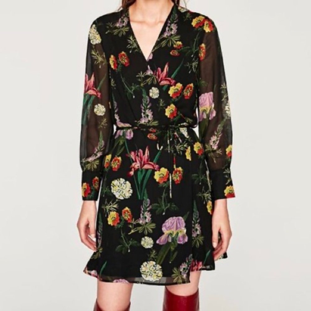 Zara long sleeved navy floral wrap dress